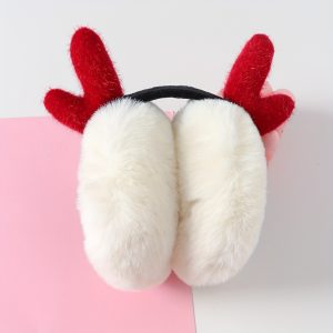 Red Reindeer Antlers Plush Earmuffs White Faux Fur Christmas Ear Warmer Soft Foldable Earmuffs Xmas Gifts For Women Female Winter Outdoor