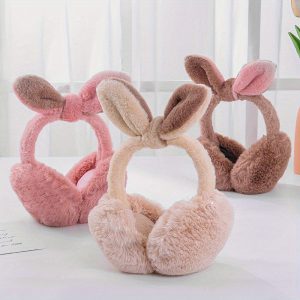 Cute Rabbit Bow Plush Earmuffs Color Block Thickened Foldable Earmuffs Outdoor Cold Proof Ear Warmers For Women Female Winter Outdoor