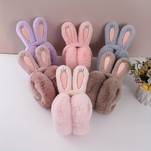 Cozy Plush Bunny Ear Warmers - Foldable, Soft Polyester Knit Earmuffs for Women | Hand-Wash Only